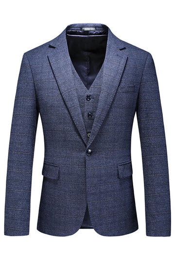 Dark Blue Plaid Notched Lapel 3 Pieces Men's Prom Suits